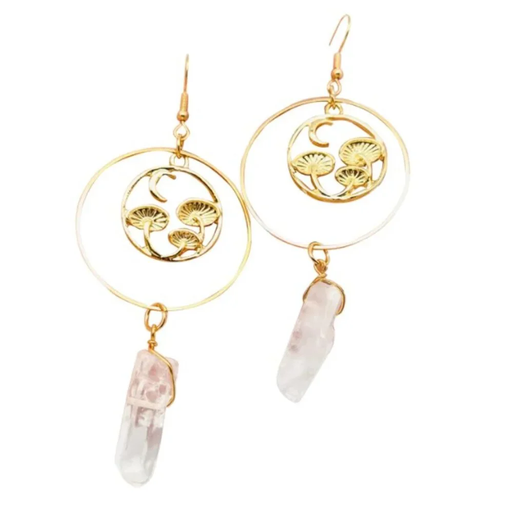 Quartz Crystal & Golden Mushrooms Long Dangle Earrings